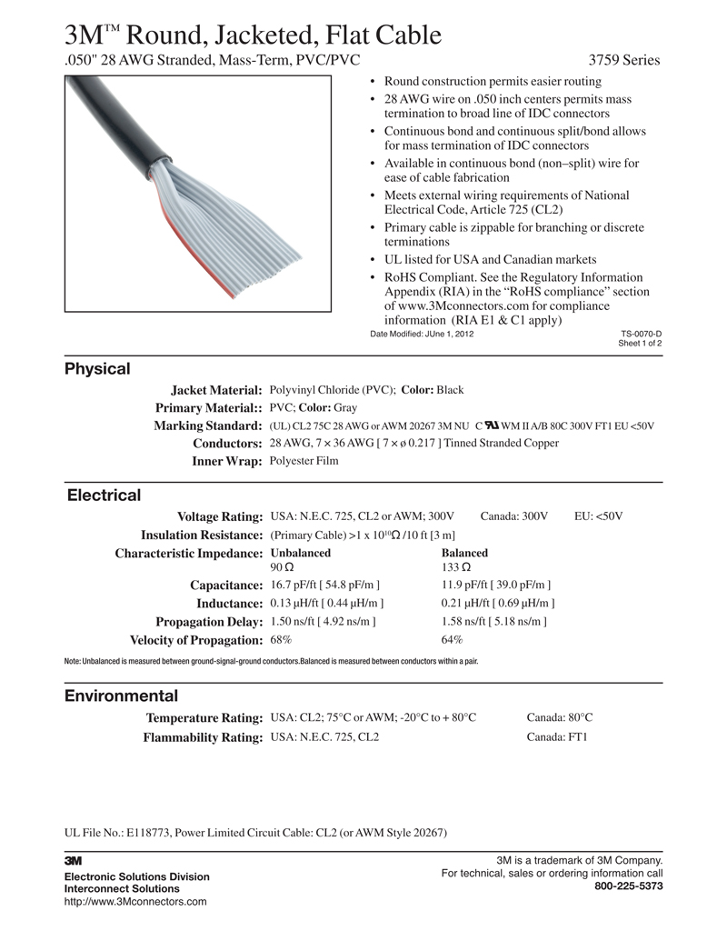 3M™ Round, Jacketed, Flat Cable, 3759 Series